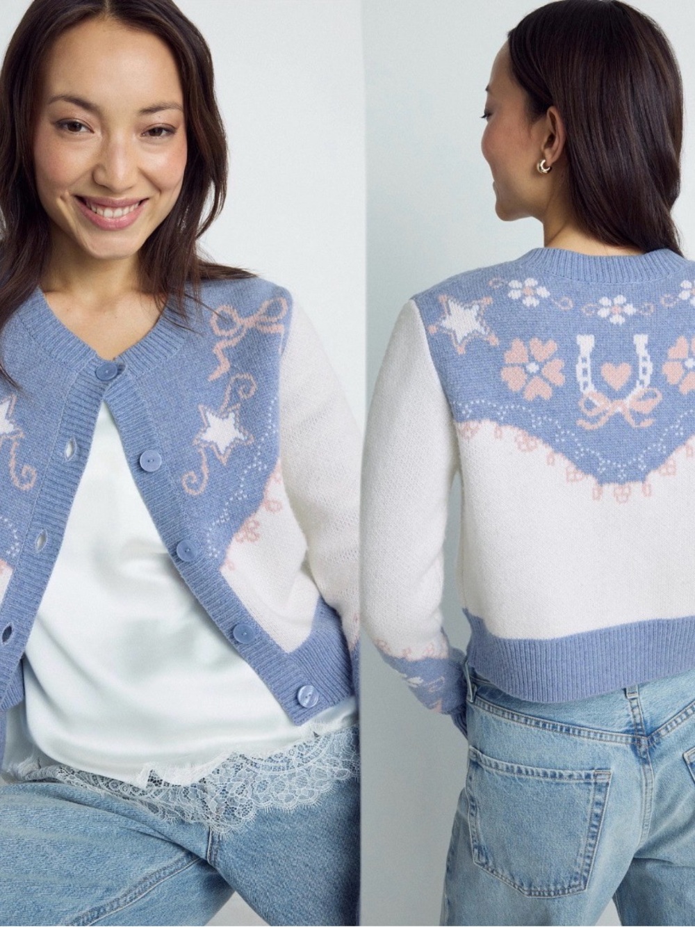LoveShackFancy Leyah Western Style Cardigan Blue and Cream Star Pattern Sz  XL